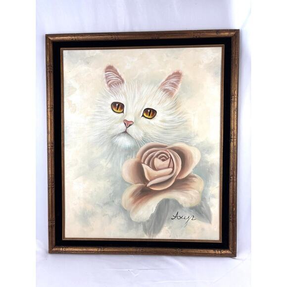 Vintage Other - VTG White Cat Oil Painting Signed Original Hand Painted Art Canvas Framed OOAK